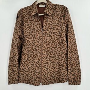 Lemon Grass Soft Pleated Leopard Print Zip-Up Top/Jkt Button Cuffs Size Large